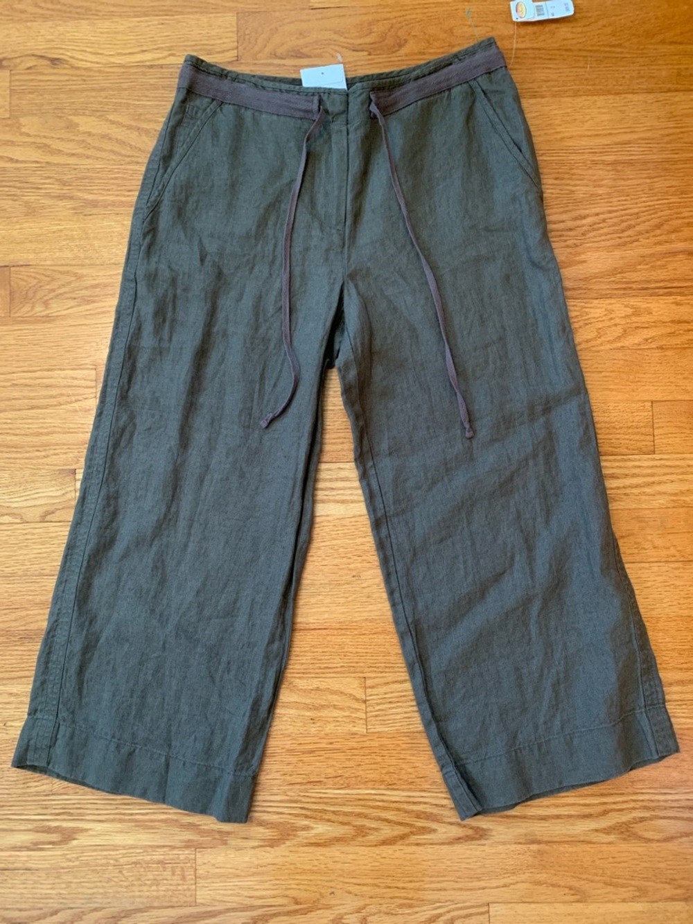 Talbots 100% Linen Olive Wide-Leg Cropped Drawstring Pants